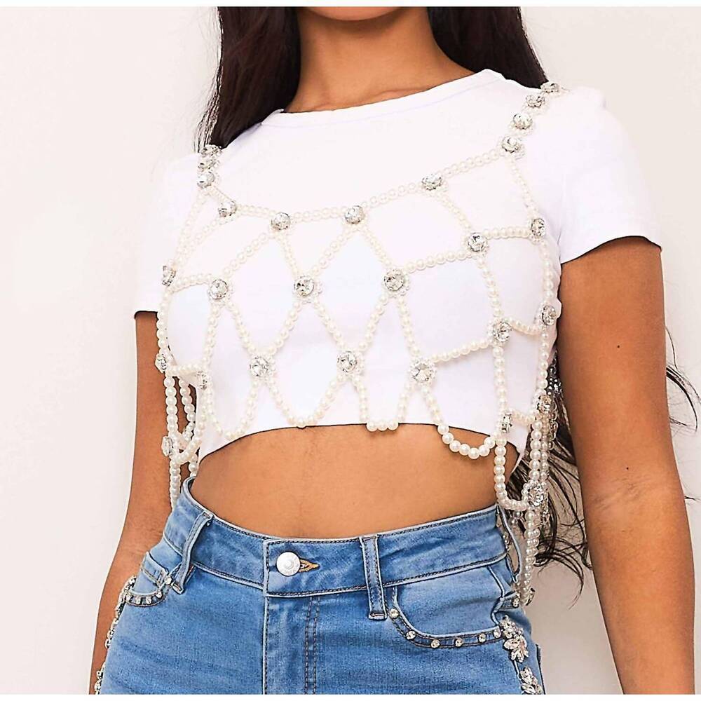 NEW VIBRANT M.I.U pearl jewel overlay top in white